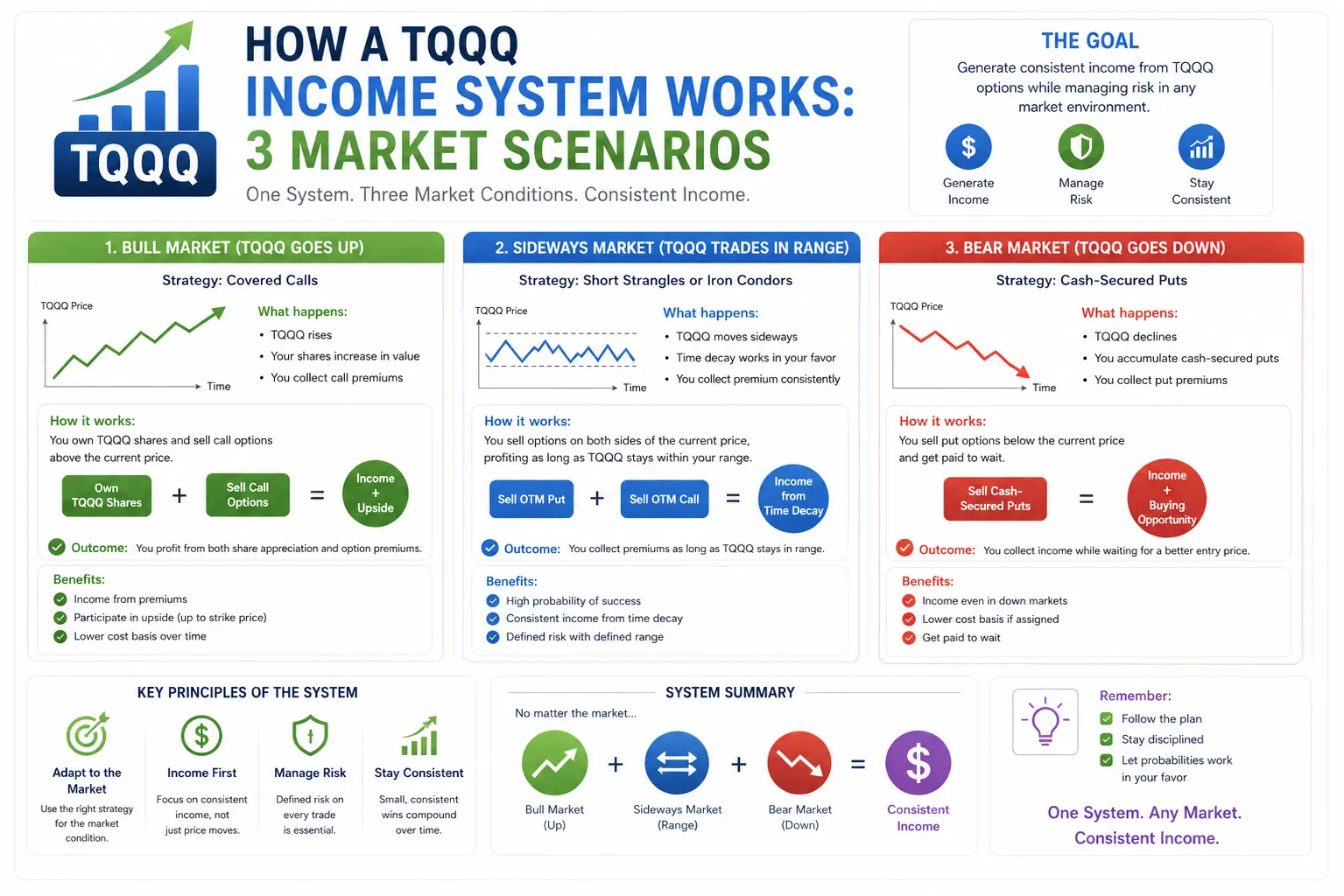 How a TQQQ Income System Works: 3 Market Scenarios