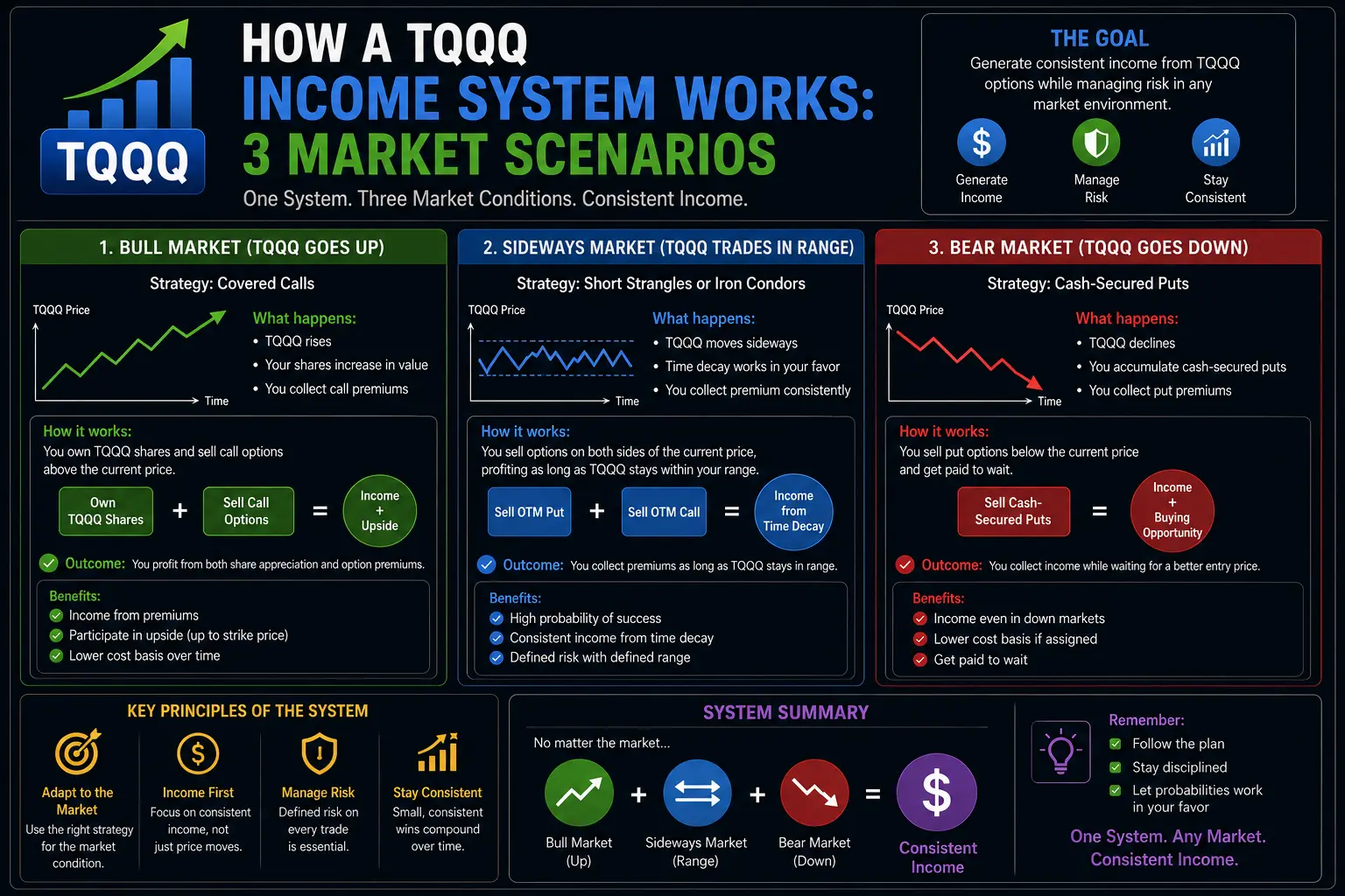 How a TQQQ Income System Works: 3 Market Scenarios